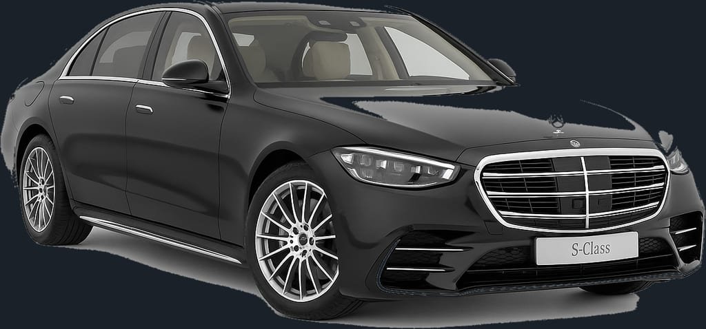 Black Mercedes-Benz S-Class saloon, front three-quarter view