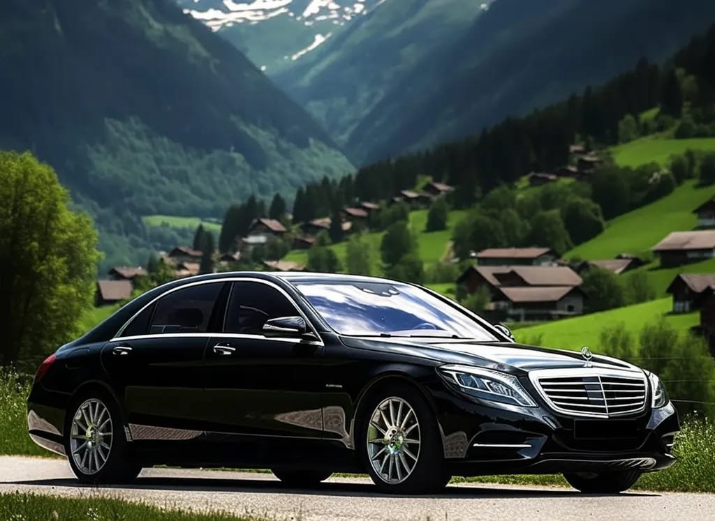 Black Mercedes-Benz S-Class on a mountain valley road