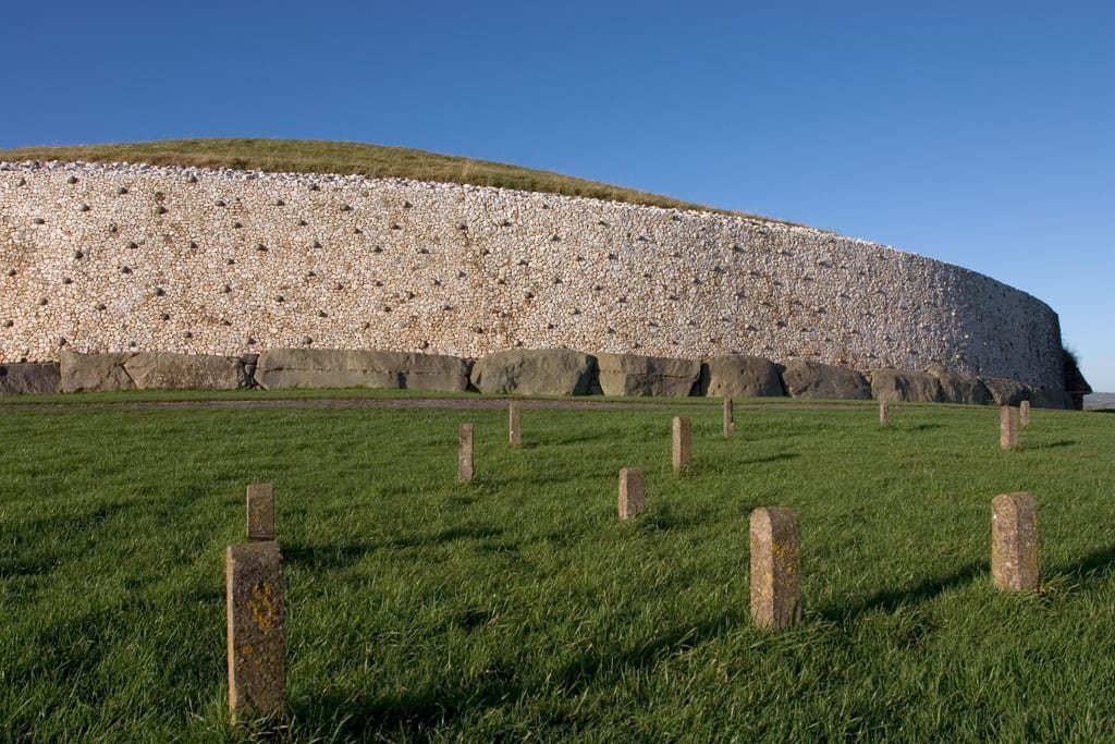 The white quartz façade and standing stones at Newgrange, County Meath