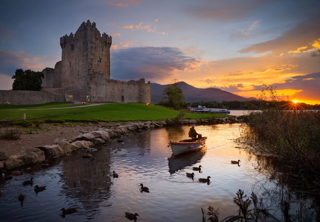 Ross Castle on Lough Leane at sunset, Killarney